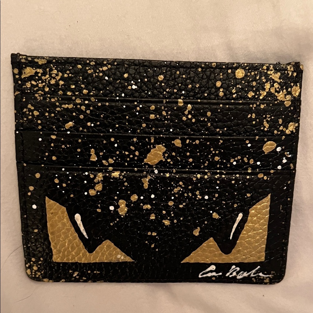 Anca Barbu Black and Gold Hand Painted Leather Card Holder- New - Picture 3 of 7